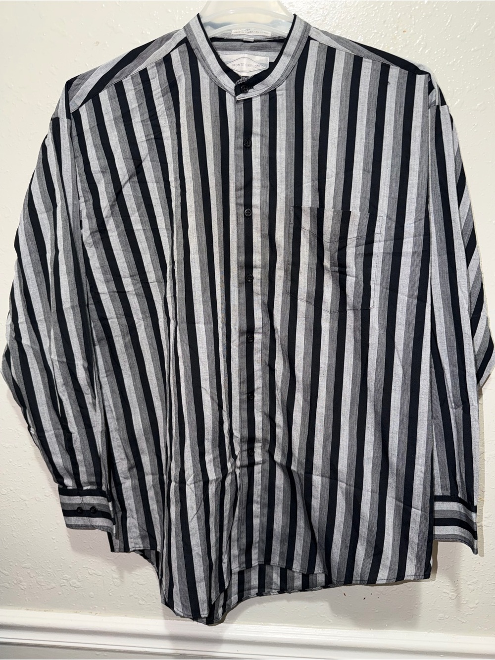 Men's Black & White Striped Mandarin-Collar Shirt Jacket